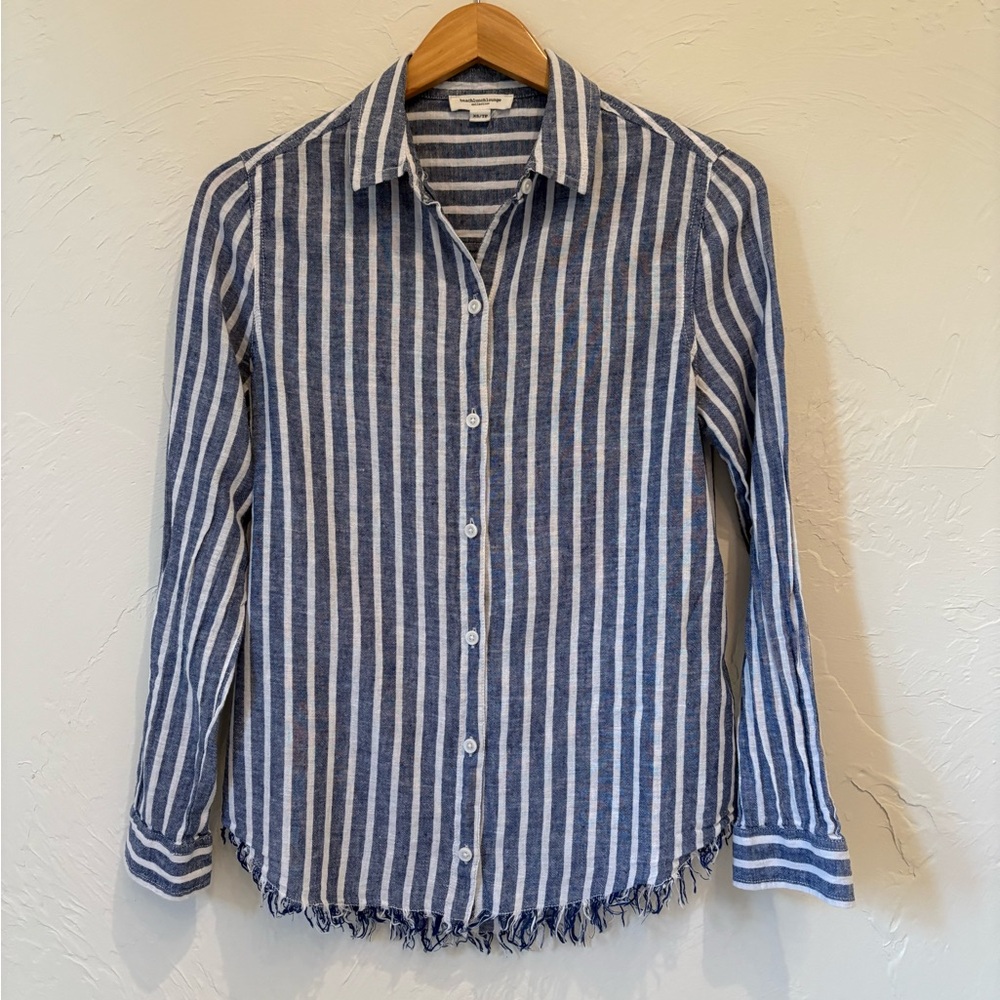 beachlunchlounge Navy and White Vertical Stripe Casual Linen Button-Down